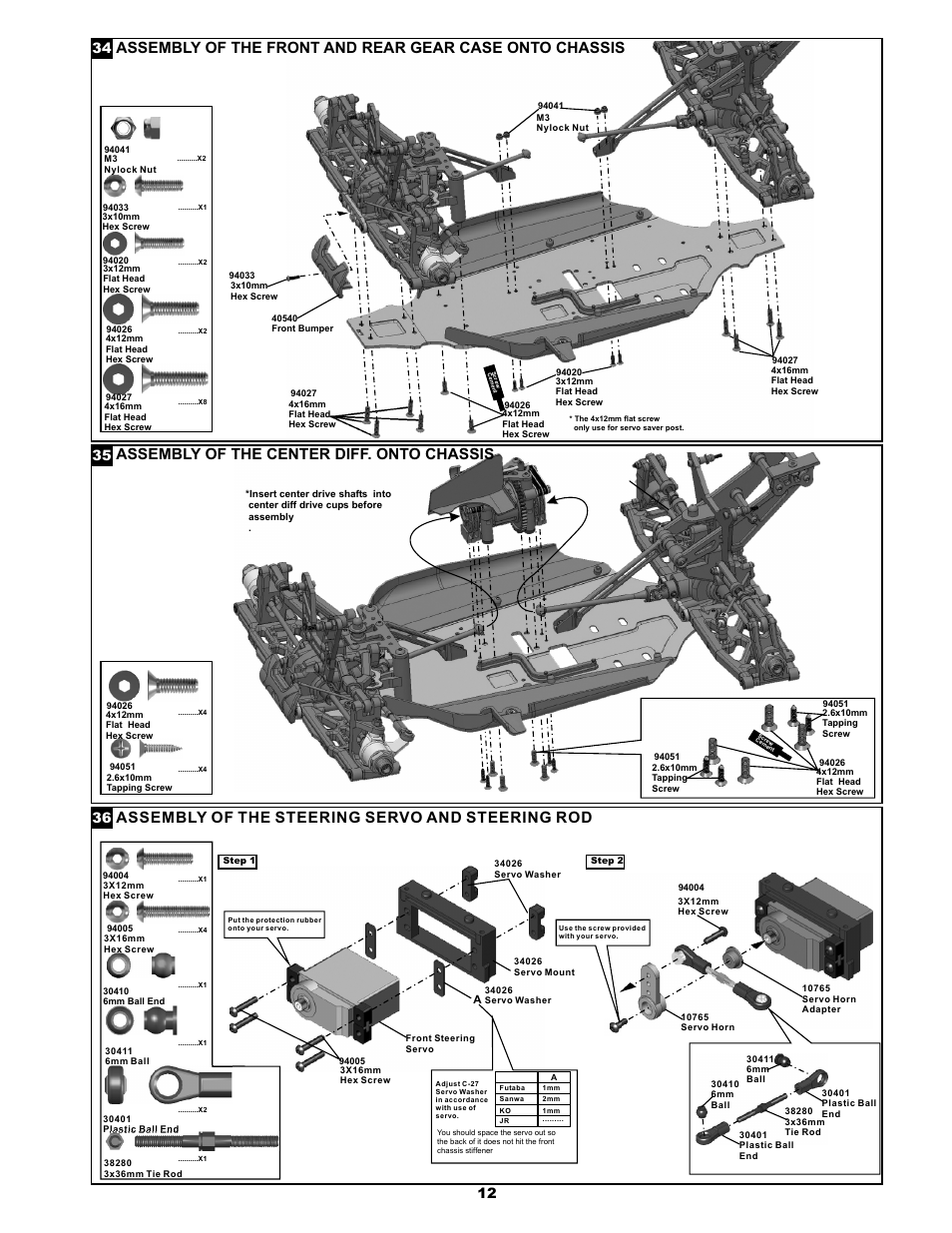 Assembly of the steering servo and steering rod, Assembl of the center diff. onto chassis y | OFNA Racing Jammin X1 CR FTE User Manual | Page 18 / 40