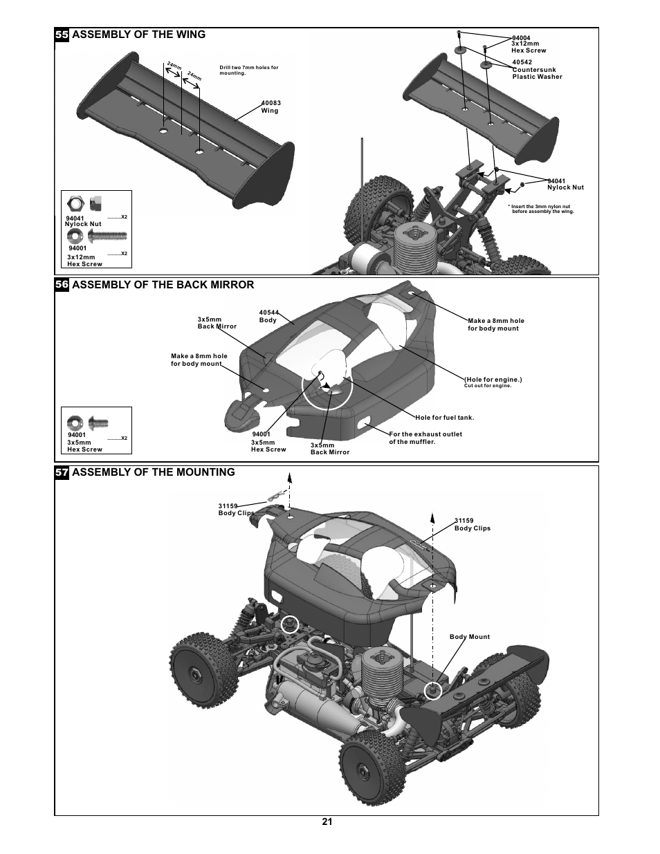 Assembly of the wing assembly of the back mirror, Assembly of the mounting | OFNA Racing Jammin X1 CR FTE User Manual | Page 26 / 40