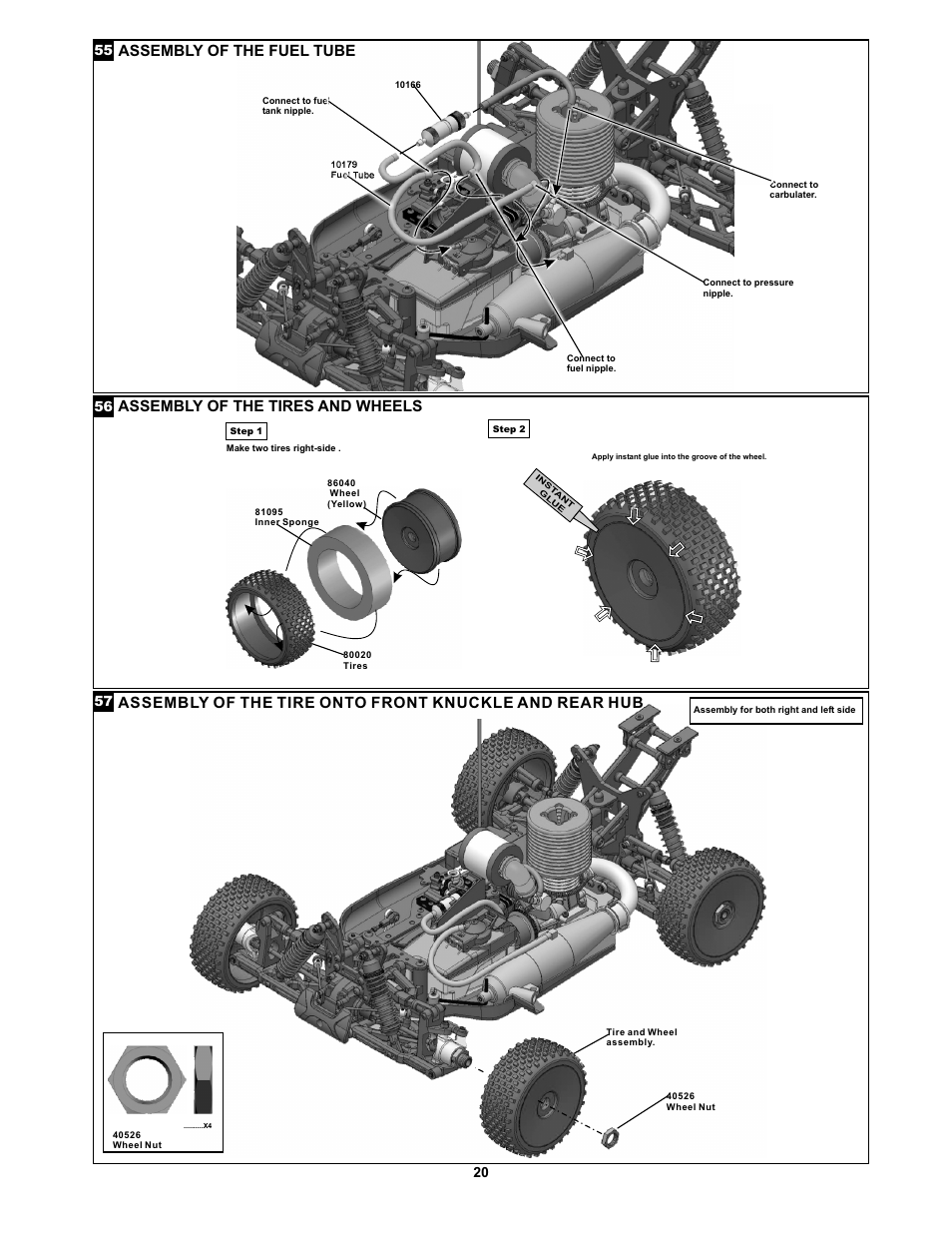 Assembly of the fuel tube, Assembly of the tires and wheels | OFNA Racing Jammin X1 CR FTE User Manual | Page 27 / 40