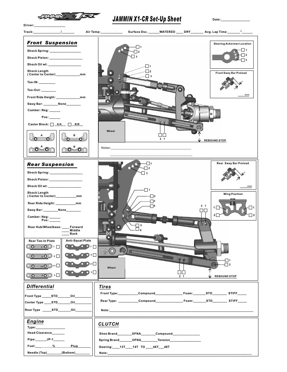 Jammin x1-cr set-up sheet, Front suspension rear suspension, Differential | Engine, Tires, Clutch | OFNA Racing Jammin X1 CR FTE User Manual | Page 29 / 40