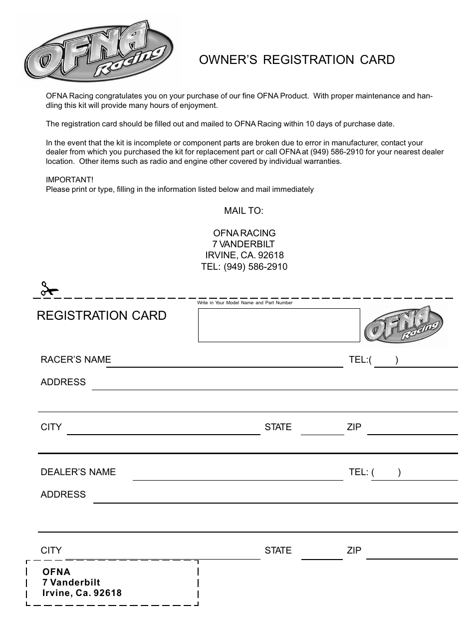 Owner’s registration card registration card | OFNA Racing Jammin X1 CR FTE User Manual | Page 40 / 40