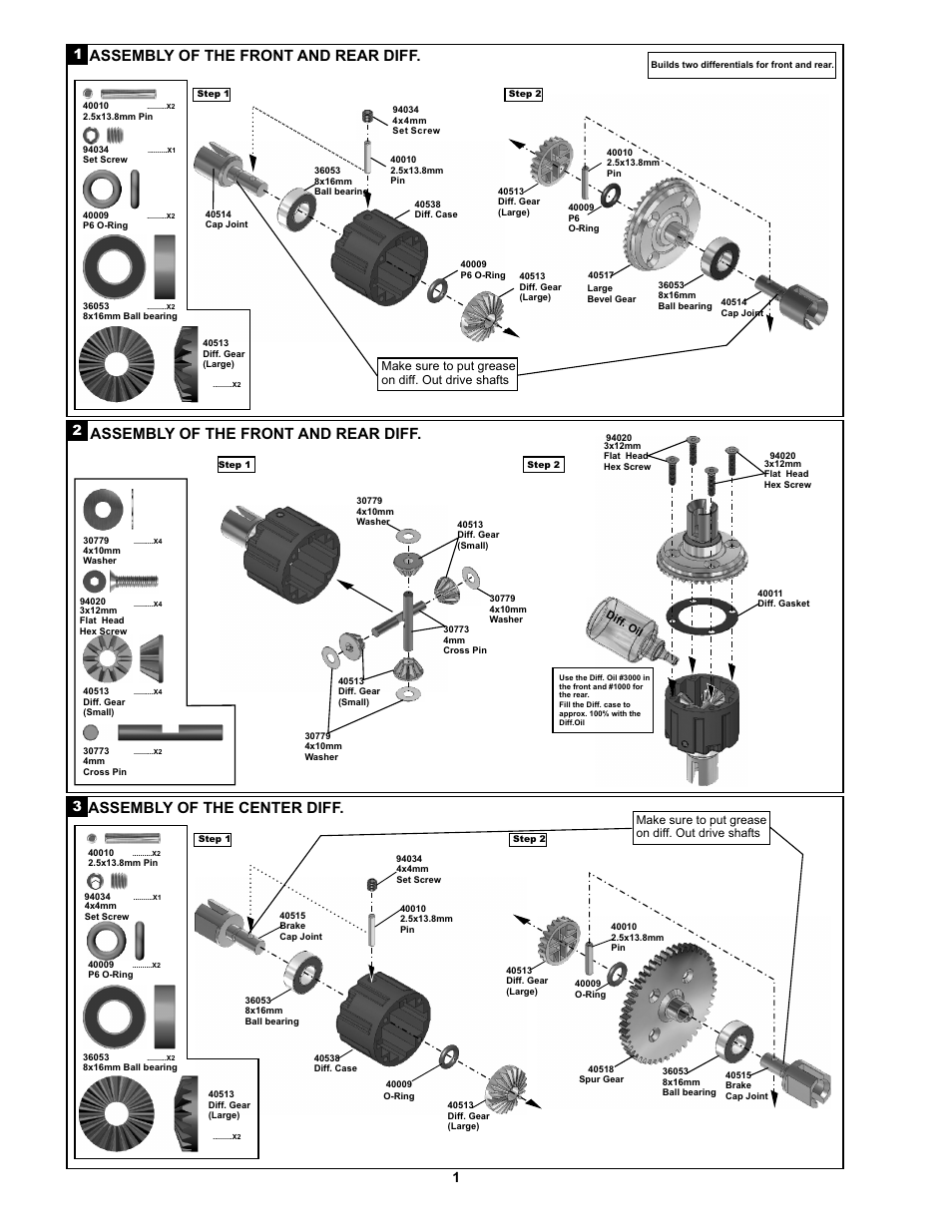 Assembly of the front and rear diff, Assembly of the center diff | OFNA Racing Jammin X1 CR FTE User Manual | Page 7 / 40