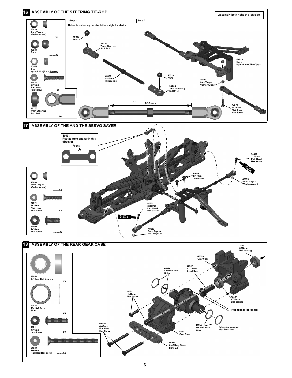 Assembl of the and the servo saver y, Assembl of the rear gear case y, Assembl of the steering tie-rod y | 11 ¡g | OFNA Racing Jammin X1 CRT PRO User Manual | Page 11 / 31