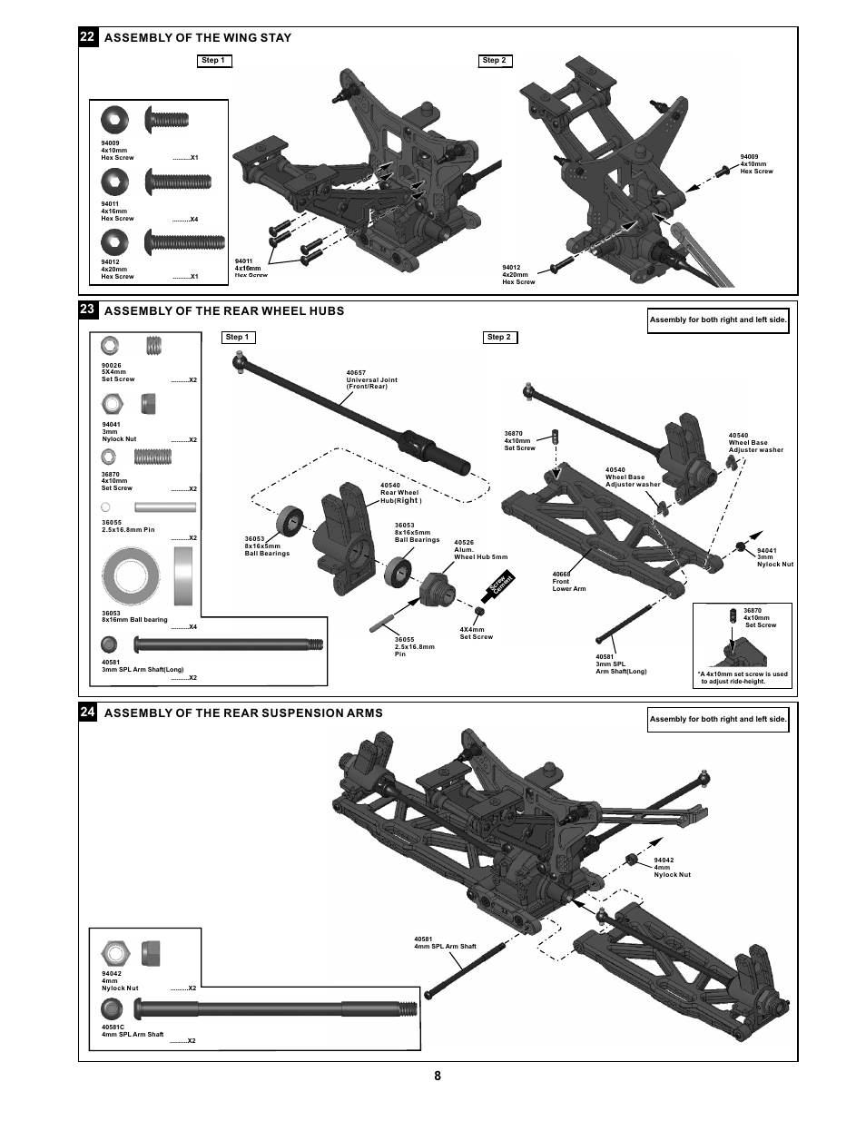 Assembly of the wing stay, Assembly of the rear wheel hubs, Assembly of the rear suspension arms | OFNA Racing Jammin X1 CRT PRO User Manual | Page 13 / 31