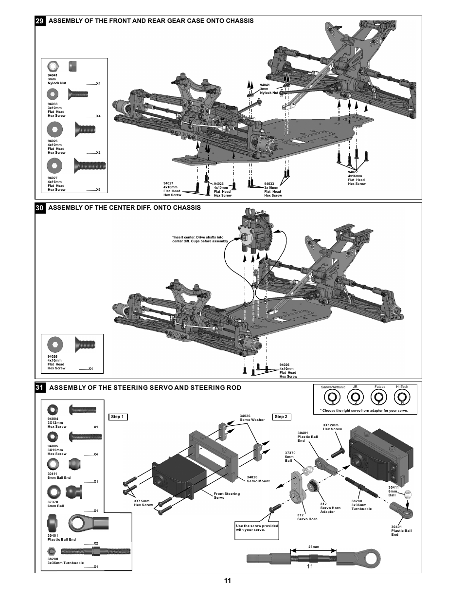 Assembly of the steering servo and steering rod, Assembl of the center diff. onto chassis y, 11 ¡g | OFNA Racing Jammin X1 CRT PRO User Manual | Page 16 / 31