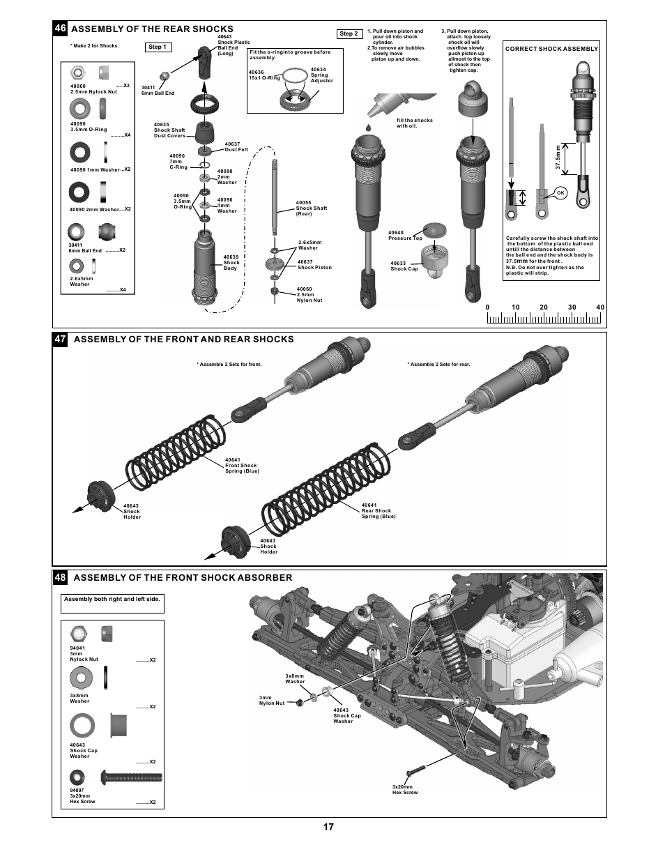 Assembly of the rear shocks, Assembly of the front and rear shocks, Assembly of the front shock absorber | OFNA Racing Jammin X1 CRT PRO User Manual | Page 22 / 31