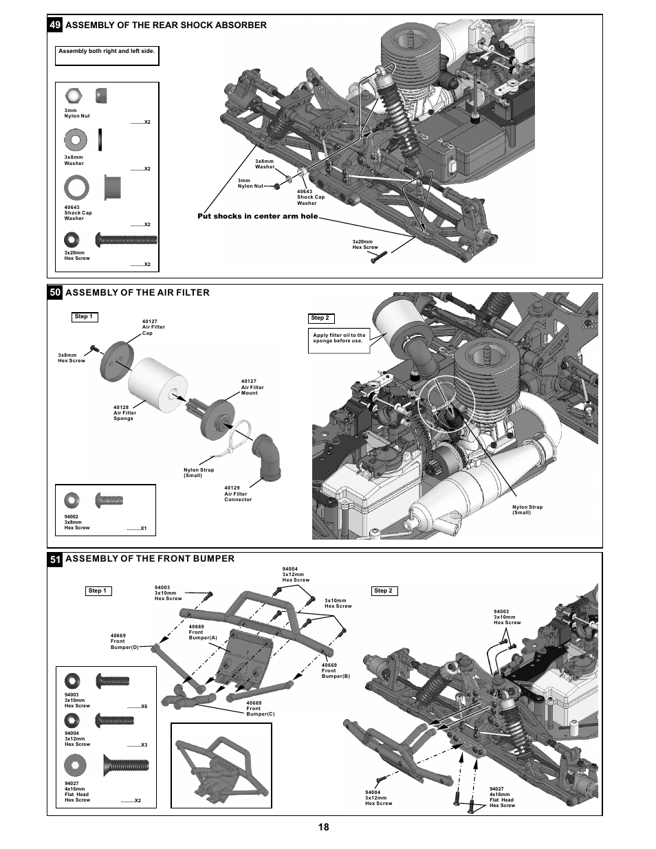 Assembly of the rear shock absorber, Assembly of the air filter, Assembly of the front bumper | OFNA Racing Jammin X1 CRT PRO User Manual | Page 23 / 31