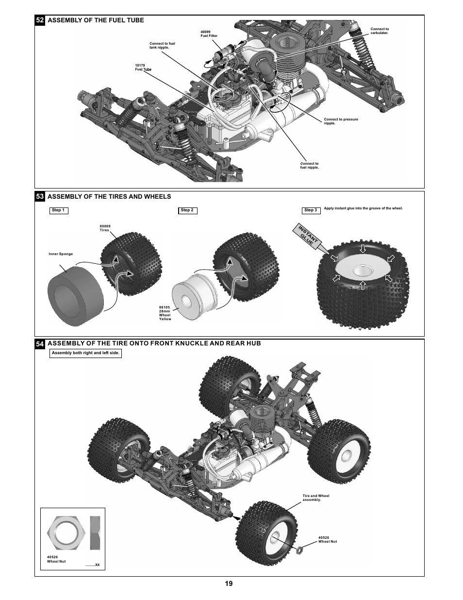 Assembly of the fuel tube, Assembly of the tires and wheels | OFNA Racing Jammin X1 CRT PRO User Manual | Page 24 / 31