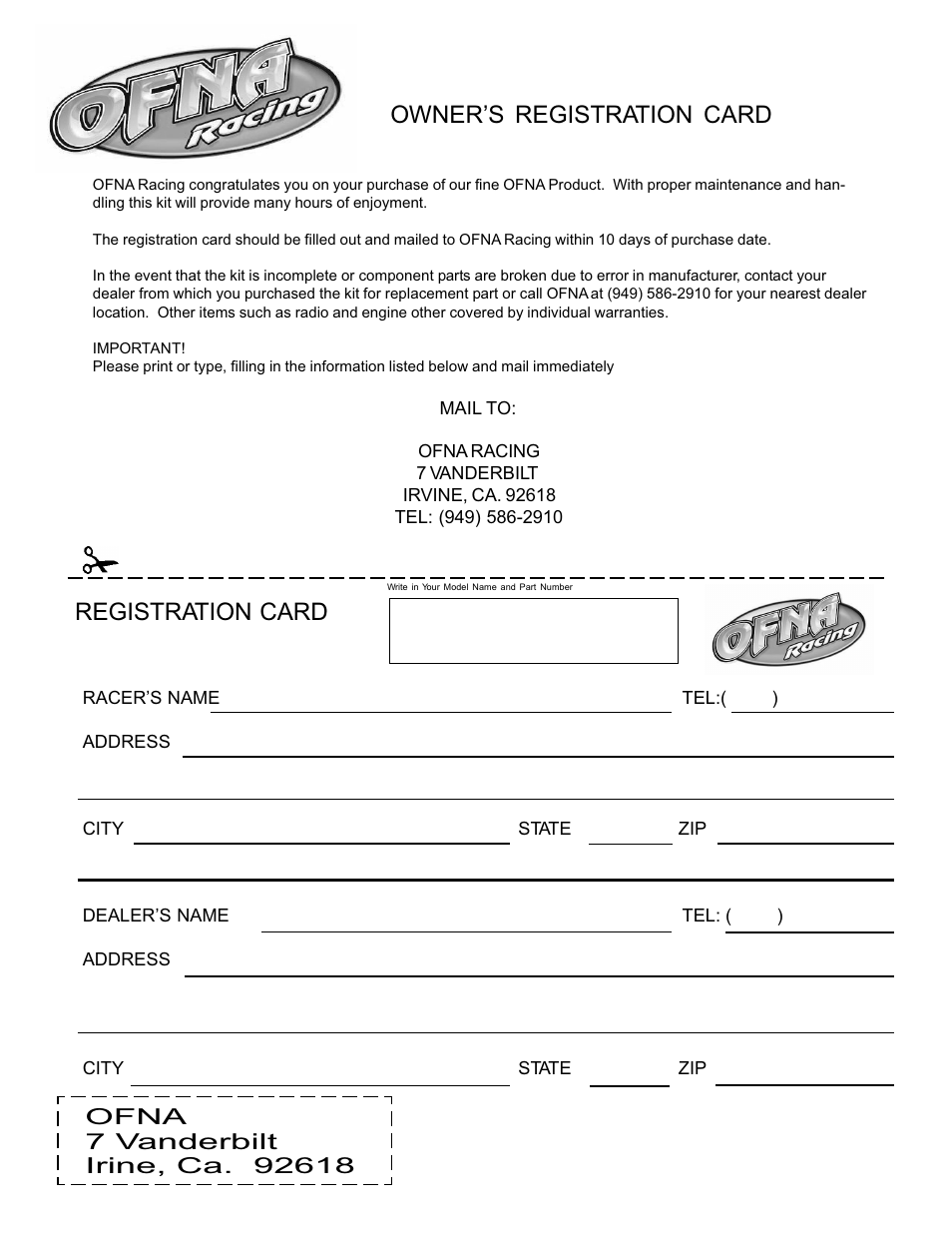 Owner’s registration card registration card | OFNA Racing Jammin X1 CRT PRO User Manual | Page 31 / 31