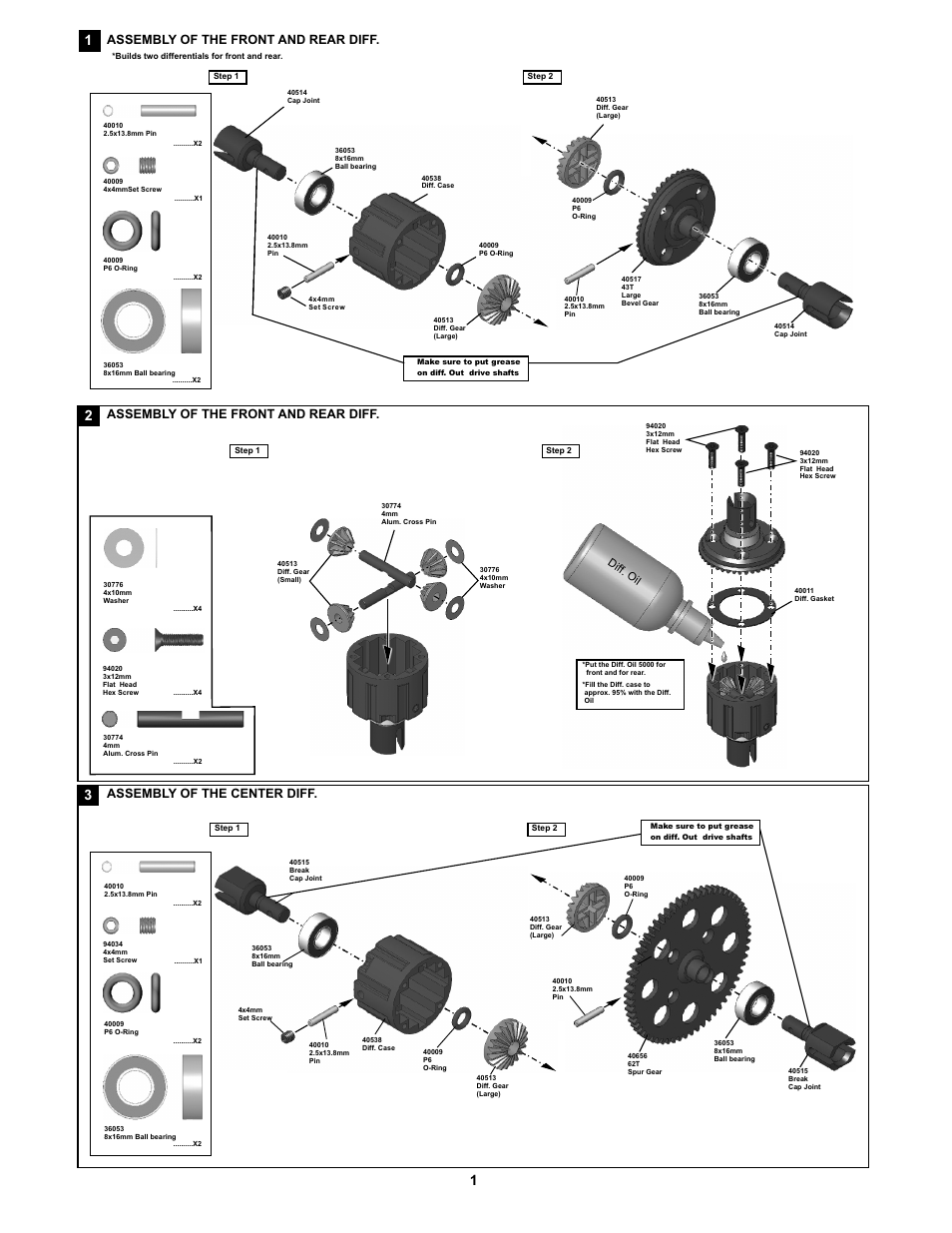 Assembly of the front and rear diff, Assembly of the center diff | OFNA Racing Jammin X1 CRT PRO User Manual | Page 6 / 31