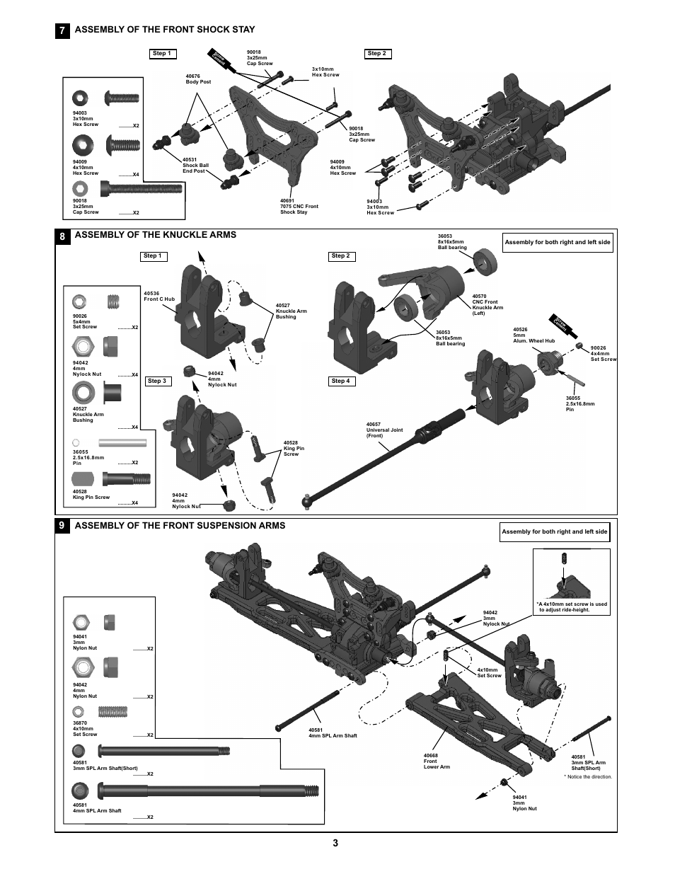 Assembl of the front shock stay y, Assembl of the knuckle arms y, Assembl of the front suspension arms y | OFNA Racing Jammin X1 CRT PRO User Manual | Page 8 / 31