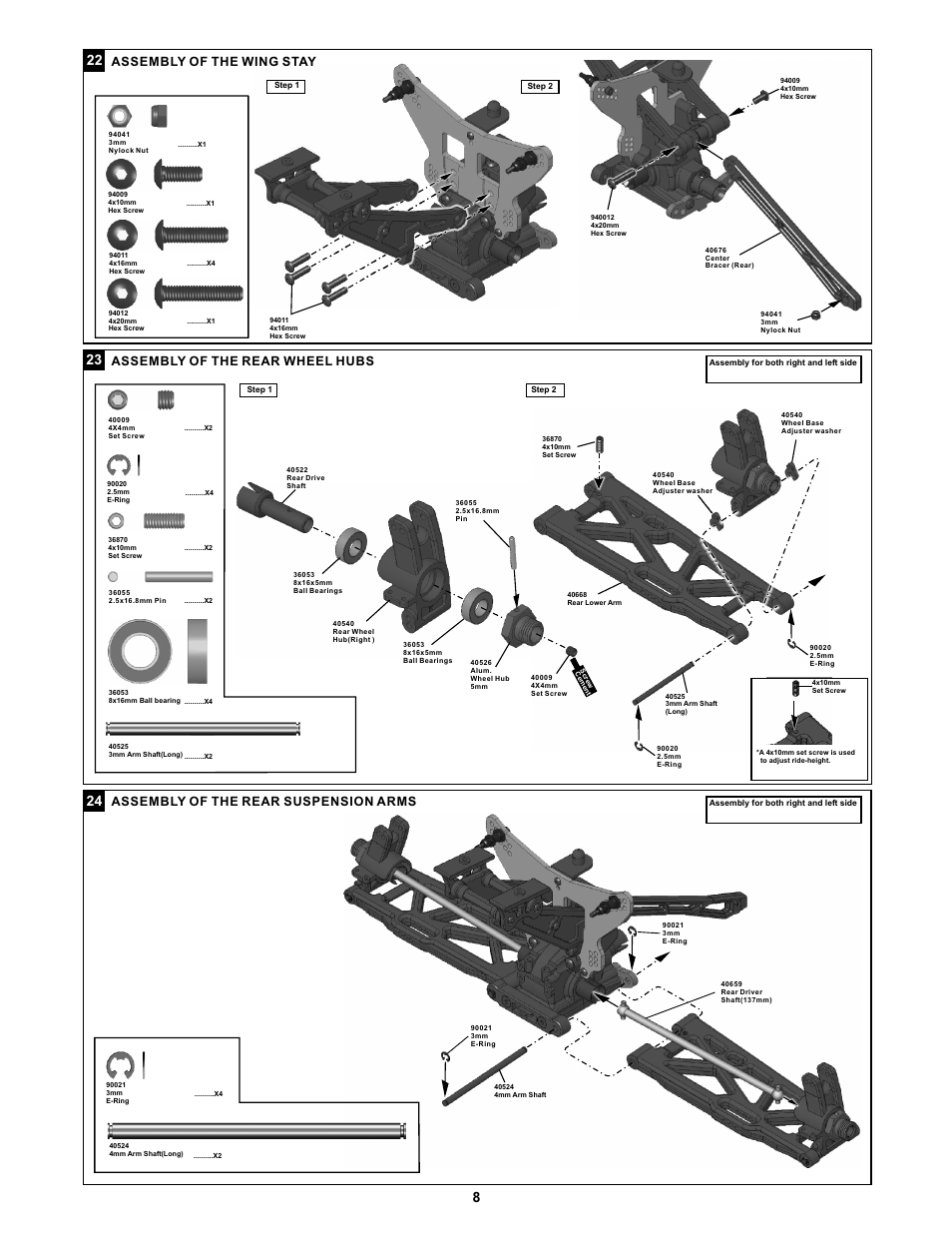 Assembly of the wing stay, Assembly of the rear wheel hubs, Assembly of the rear suspension arms | OFNA Racing Jammin X1 CRT RTR User Manual | Page 13 / 38
