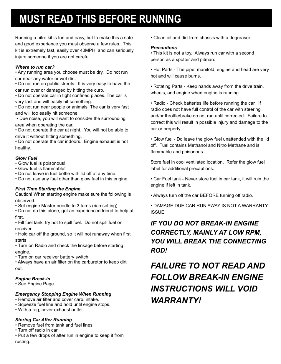 Must read this before running, Failure to not read and, Follow break-in engine | Instructions will void, Warranty, If you do not break-in engine, Correctly, mainly at low rpm, You will break the connecting | OFNA Racing Jammin X1 CRT RTR User Manual | Page 2 / 38