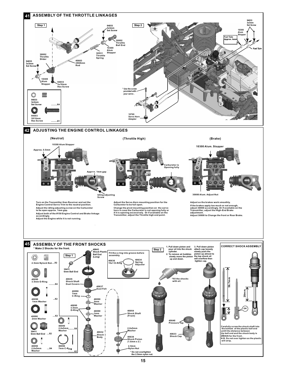 Assembly of the throttle linkages, Adjusting the engine control linkages, Assembly of the front shocks | OFNA Racing Jammin X1 CRT RTR User Manual | Page 20 / 38