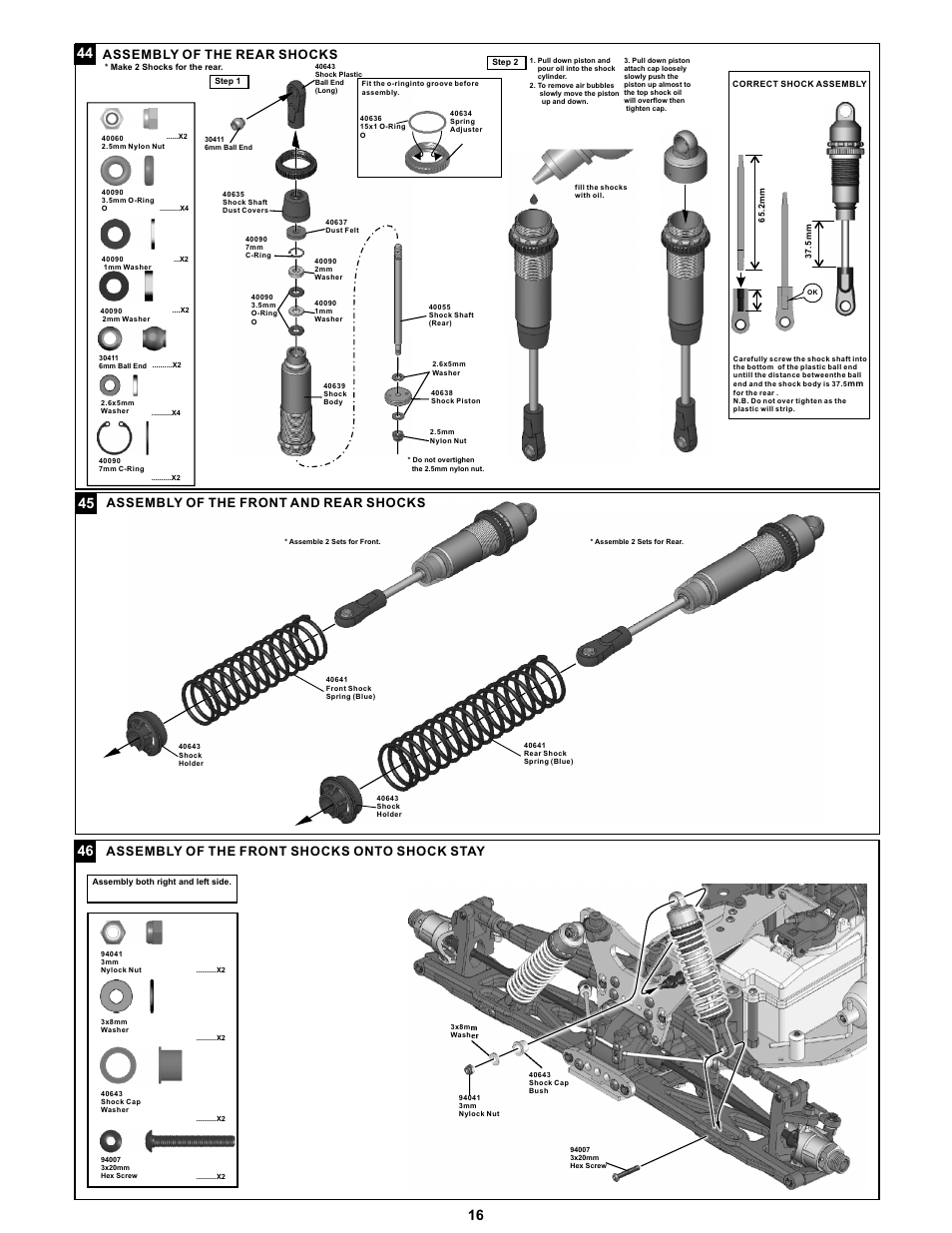 Assembly of the front and rear shocks, Assembly of the front shocks onto shock stay, Assembly of the rear shocks | OFNA Racing Jammin X1 CRT RTR User Manual | Page 21 / 38