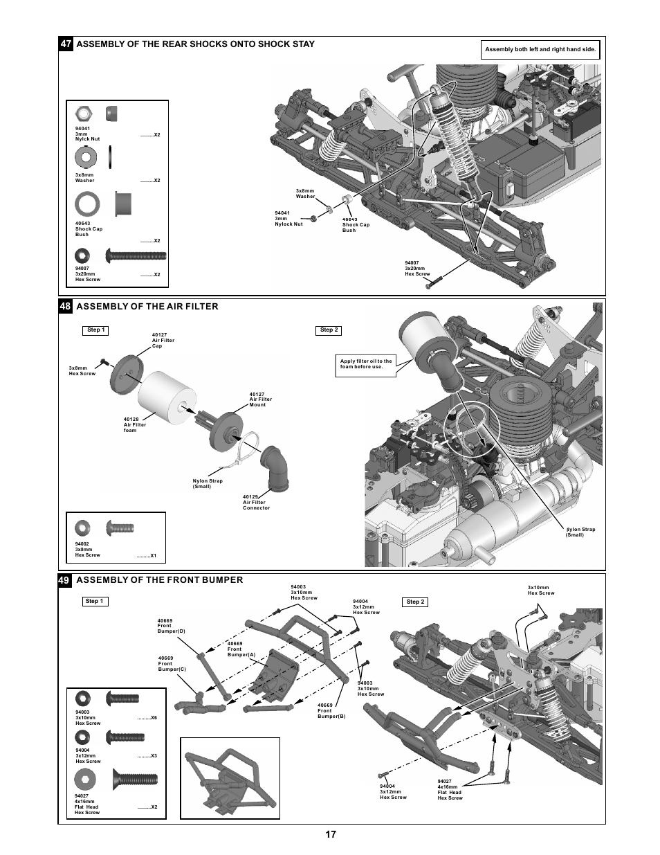 Assembly of the rear shocks onto shock stay, Assembly of the air filter, Assembly of the front bumper | OFNA Racing Jammin X1 CRT RTR User Manual | Page 22 / 38