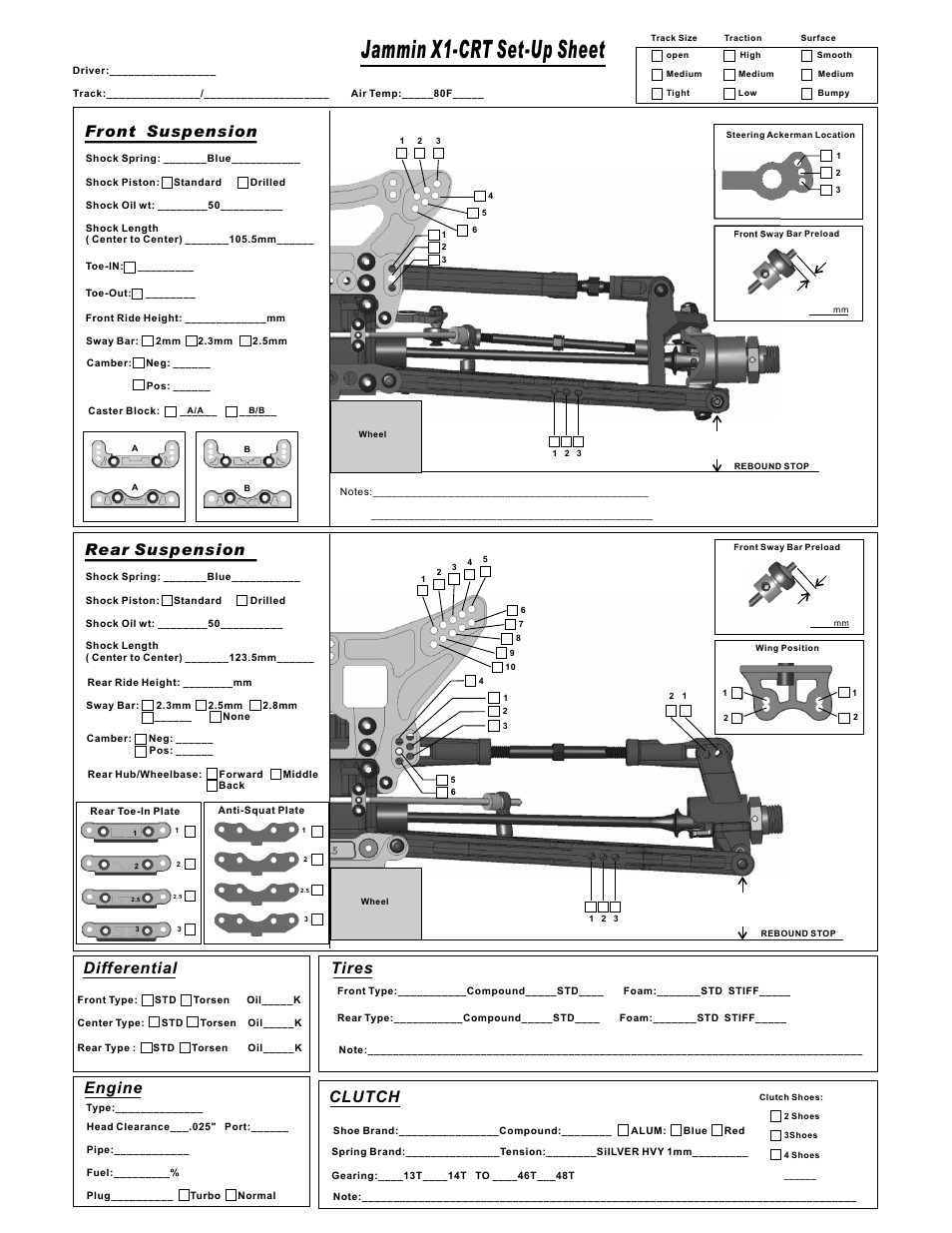 Jammin x1-crt set-up sheet, Front suspension rear suspension, Differential | Engine, Tires, Clutch | OFNA Racing Jammin X1 CRT RTR User Manual | Page 26 / 38