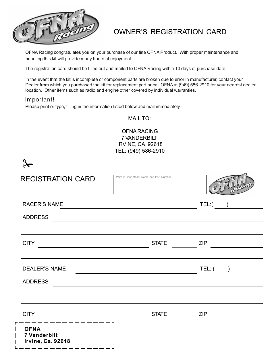 Owner’s registration card registration card | OFNA Racing Jammin X1 CRT RTR User Manual | Page 38 / 38