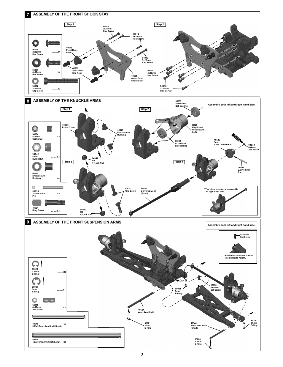 Assembl of the front shock stay y, Assembl of the knuckle arms y, Assembl of the front suspension arms y | OFNA Racing Jammin X1 CRT RTR User Manual | Page 8 / 38