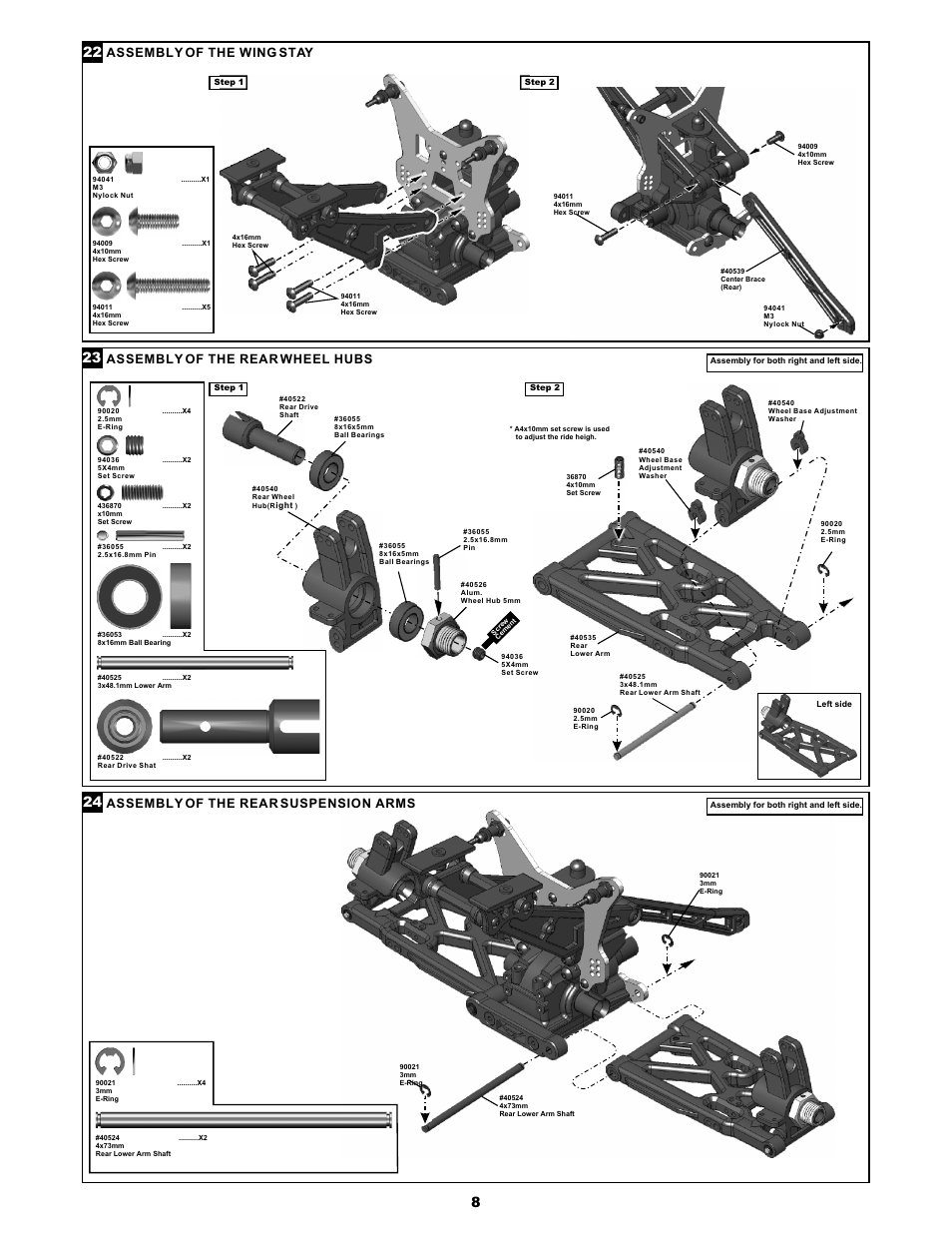 Assembly of the wing stay, Assembly of the rear wheel hubs, Assembly of the rear suspension arms | OFNA Racing Jammin X1 RTR User Manual | Page 12 / 46