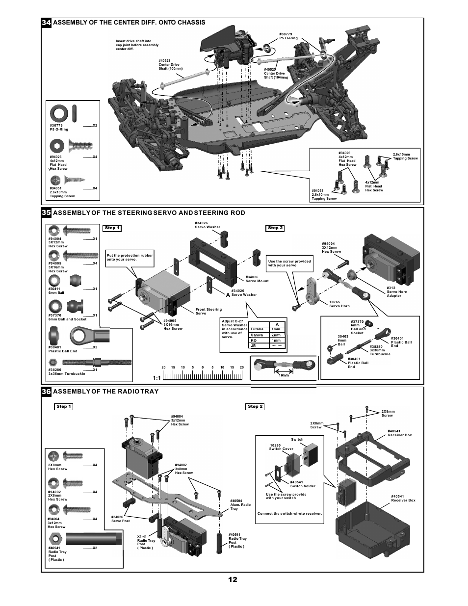 Assembly of the radio tray, Assembly of the steering servo and steering rod, Assembl of the center diff. onto chassis y | OFNA Racing Jammin X1 RTR User Manual | Page 16 / 46