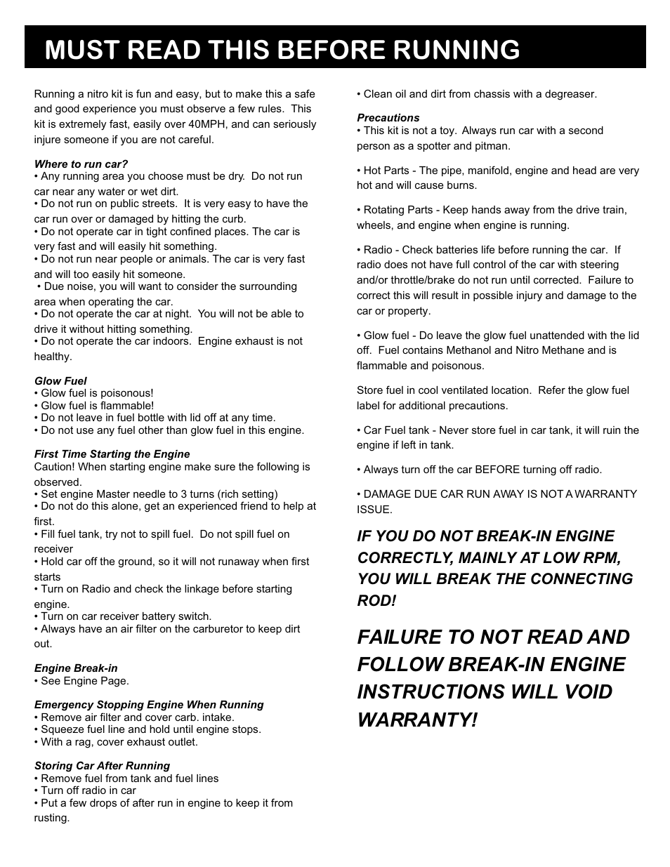 Must read this before running, Failure to not read and, Follow break-in engine | Instructions will void, Warranty, If you do not break-in engine, Correctly, mainly at low rpm, You will break the connecting | OFNA Racing Jammin X1 RTR User Manual | Page 2 / 46