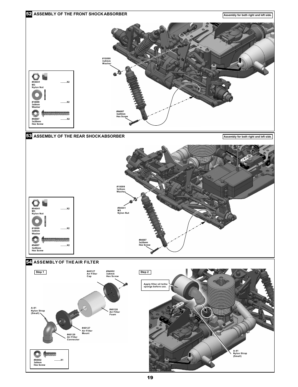 Assembly of the front shock absorber, Assembly of the rear shock absorber, Assembly of the air filter | OFNA Racing Jammin X1 RTR User Manual | Page 23 / 46