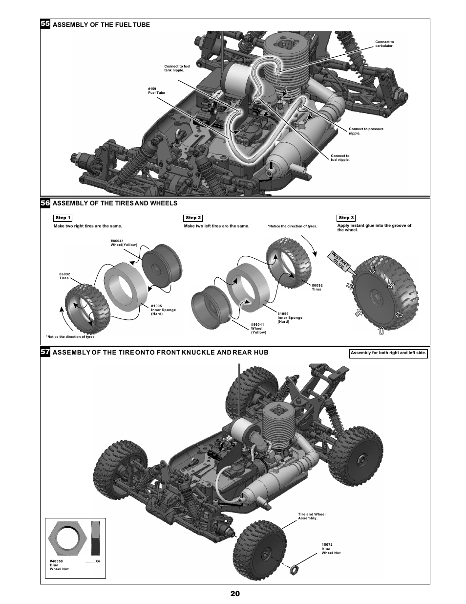 Assembly of the fuel tube, Assembly of the tires and wheels | OFNA Racing Jammin X1 RTR User Manual | Page 24 / 46