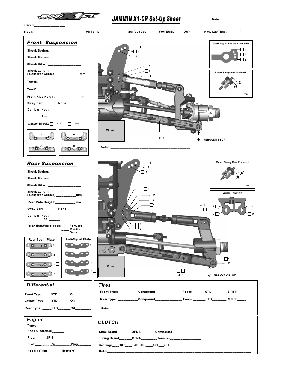 Jammin x1-cr set-up sheet, Front suspension rear suspension, Differential | Engine, Tires, Clutch | OFNA Racing Jammin X1 RTR User Manual | Page 29 / 46