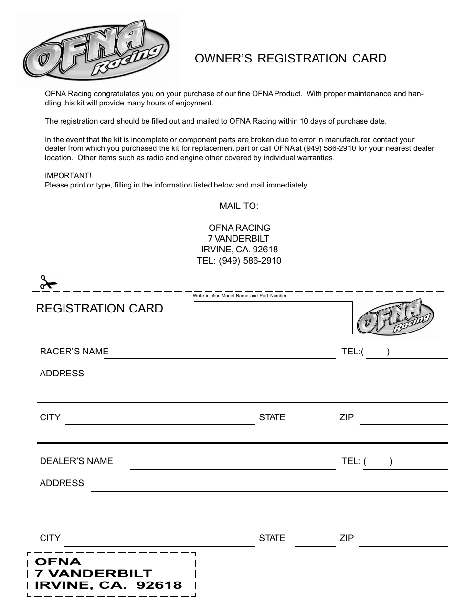 Owner’s registration card registration card | OFNA Racing Jammin X1 RTR User Manual | Page 46 / 46