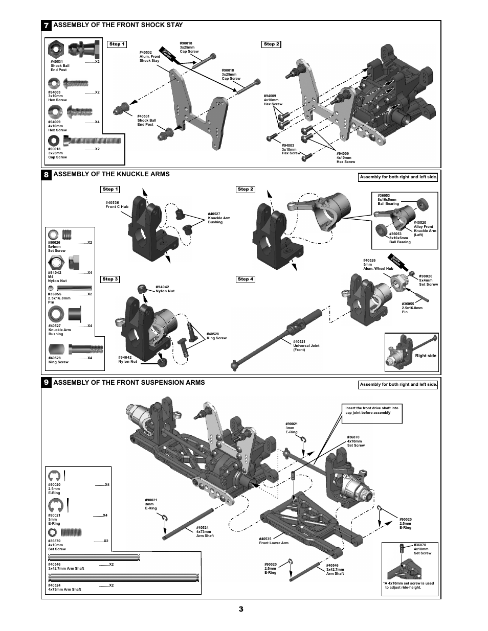 Assembl of the front shock stay y, Assembl of the knuckle arms y, Assembl of the front suspension arms y | OFNA Racing Jammin X1 RTR User Manual | Page 7 / 46