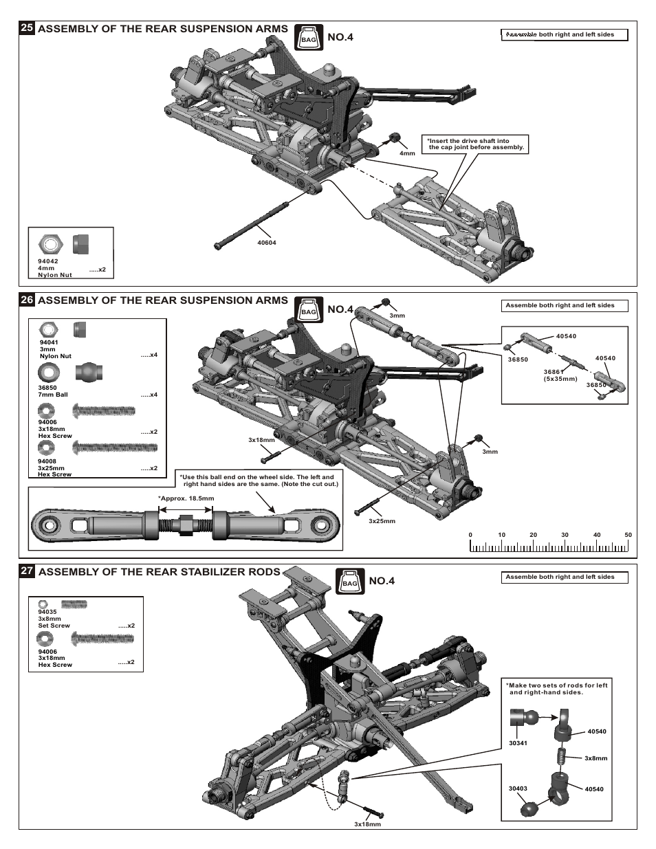 26 27 assembly of the rear suspension arms, Assembly of the rear stabilizer rods, Assembly of the rear suspension arms | No.4 | OFNA Racing Jammin X2 Buggy User Manual | Page 17 / 38