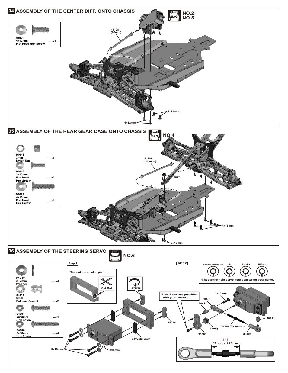 36 assembly of the steering servo, 35 assembly of the rear gear case onto chassis, 34 assembly of the center diff. onto chassis | No.4, No.6, No.2 no.5 | OFNA Racing Jammin X2 Buggy User Manual | Page 20 / 38