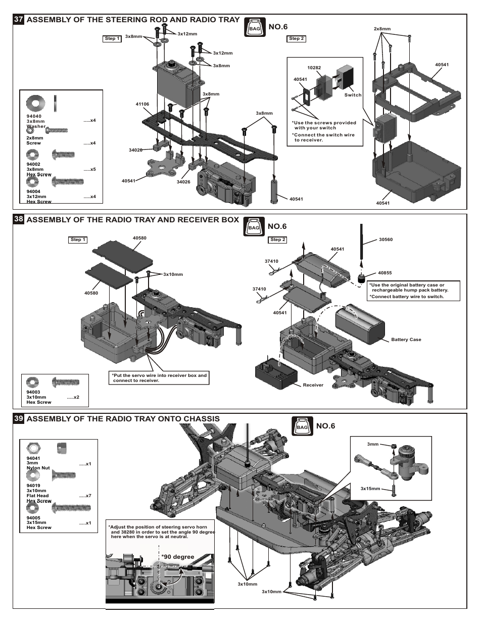 38 39 assembly of the radio tray onto chassis, Assembly of the radio tray and receiver box, 37 assembly of the steering rod and radio tray | No.6 | OFNA Racing Jammin X2 Buggy User Manual | Page 21 / 38