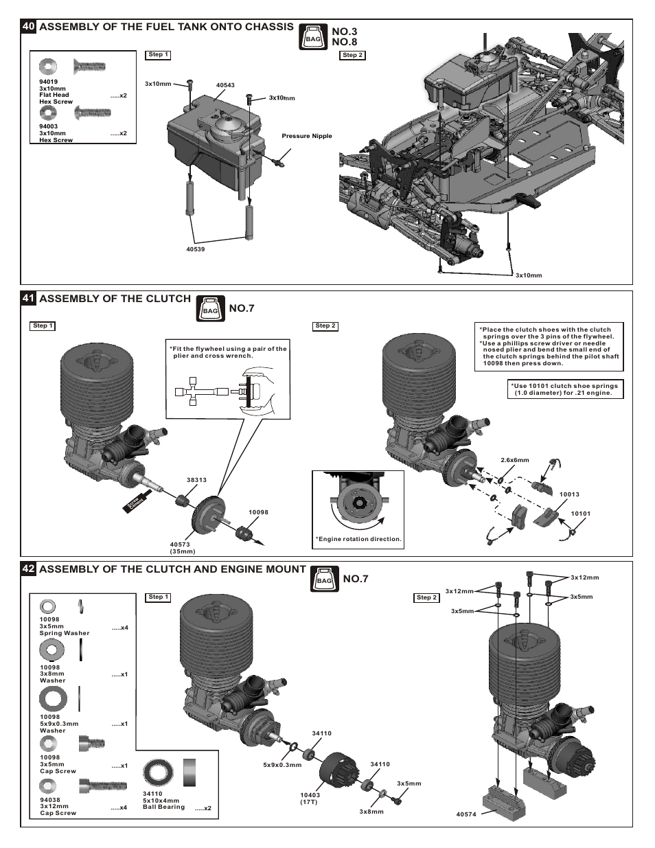 41 assembly of the clutch 14, 42 assembly of the clutch and engine mount, 40 assembly of the fuel tank onto chassis | No.7, No.3 no.8 | OFNA Racing Jammin X2 Buggy User Manual | Page 22 / 38
