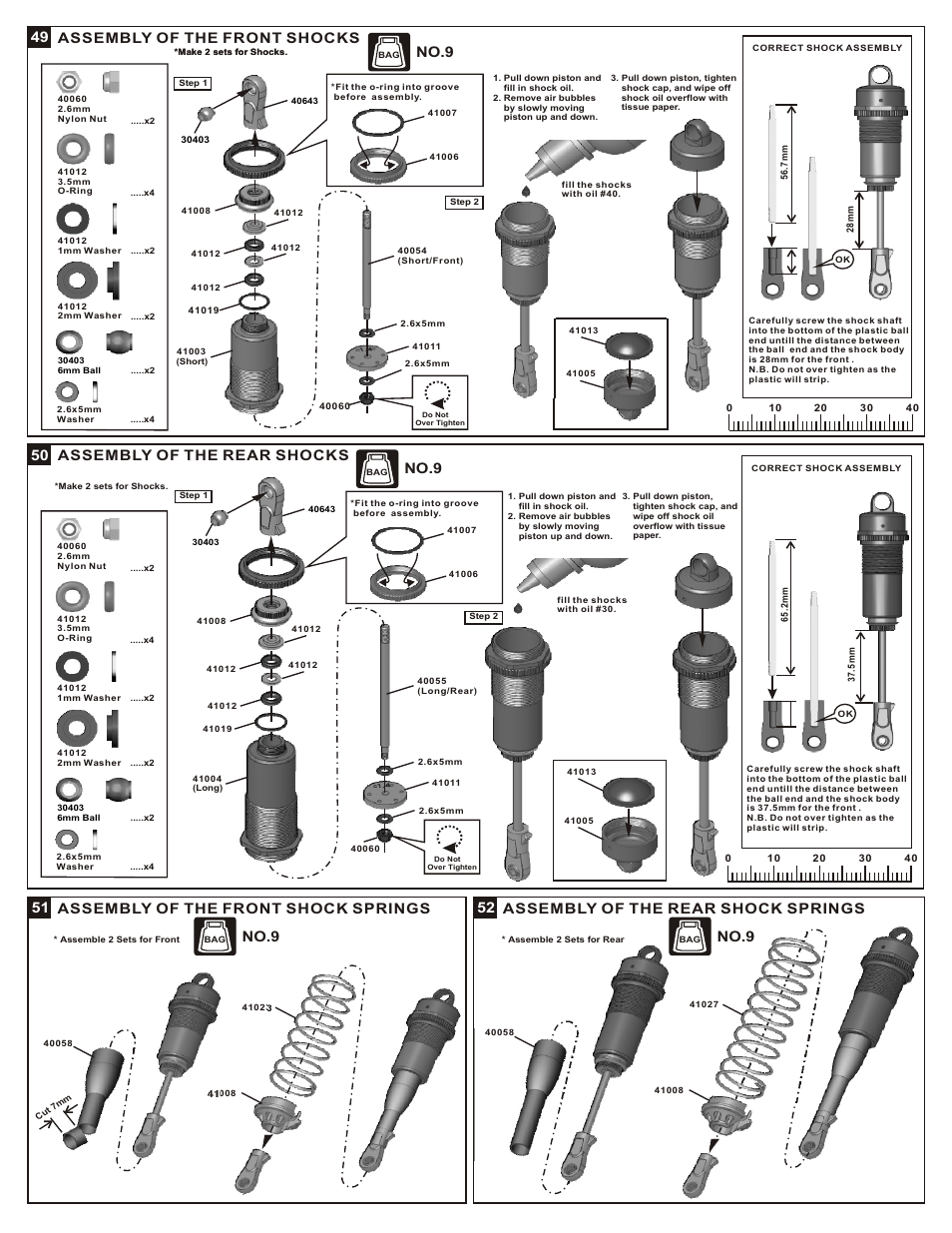 49 assembly of the front shocks, Assembly of the rear shocks, Assembly of the front shock springs | Assembly of the rear shock springs, No.9 | OFNA Racing Jammin X2 Buggy User Manual | Page 25 / 38