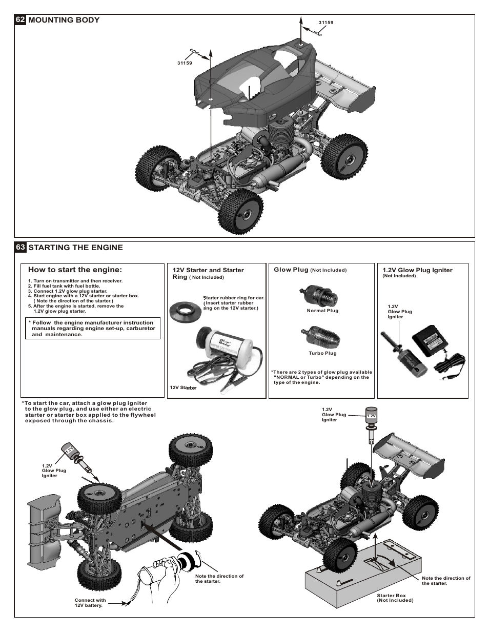 62 mounting body, 63 starting the engine, How to start the engine | OFNA Racing Jammin X2 Buggy User Manual | Page 29 / 38
