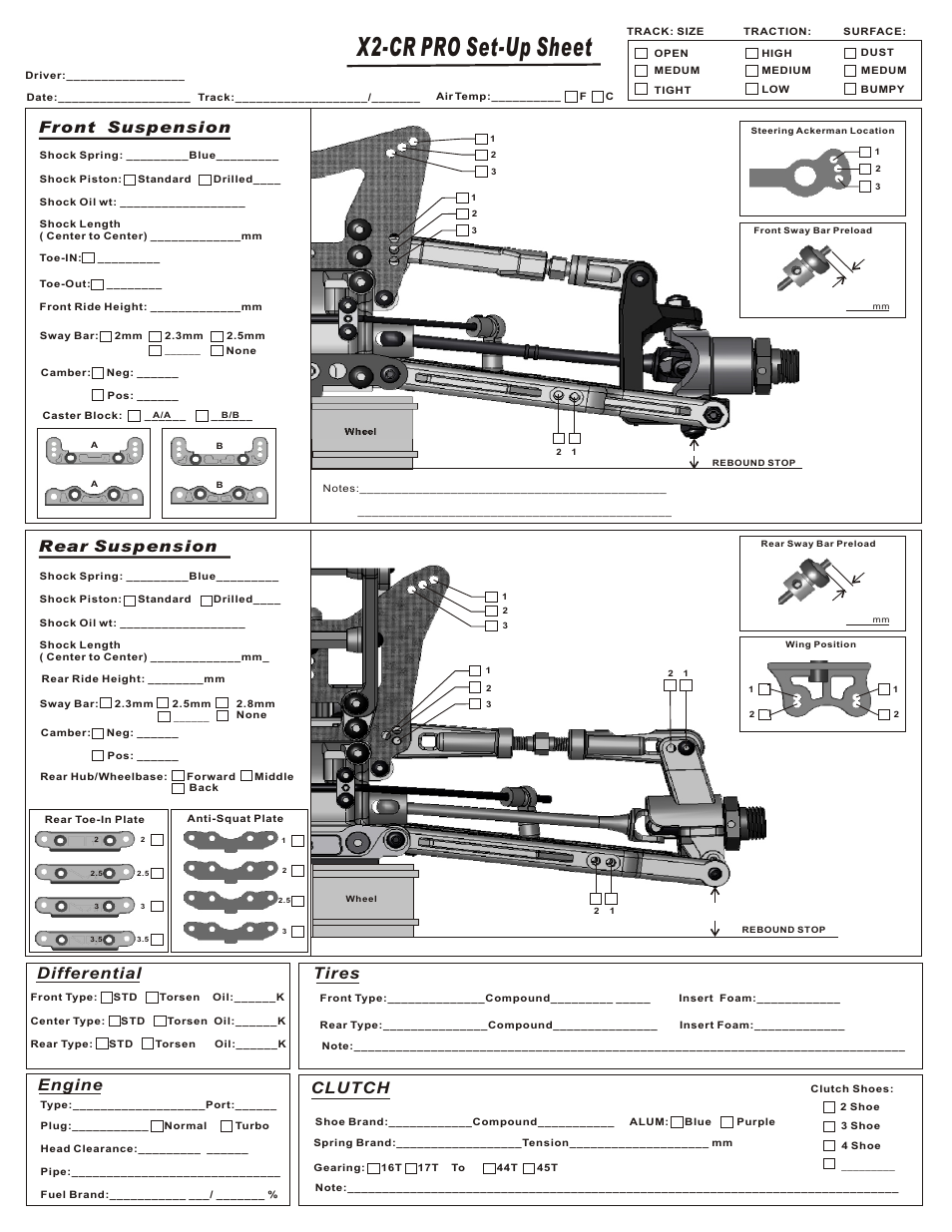 X2-cr pro set-up sheet, Front suspension rear suspension, Differential | Engine, Tires, Clutch | OFNA Racing Jammin X2 Buggy User Manual | Page 34 / 38