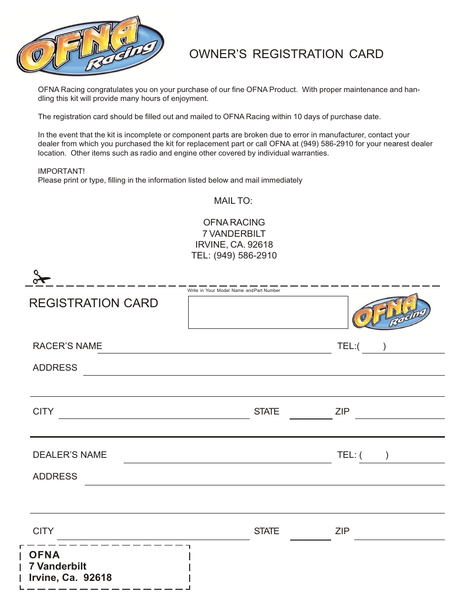 Owner’s registration card registration card | OFNA Racing Jammin X2 Buggy User Manual | Page 38 / 38