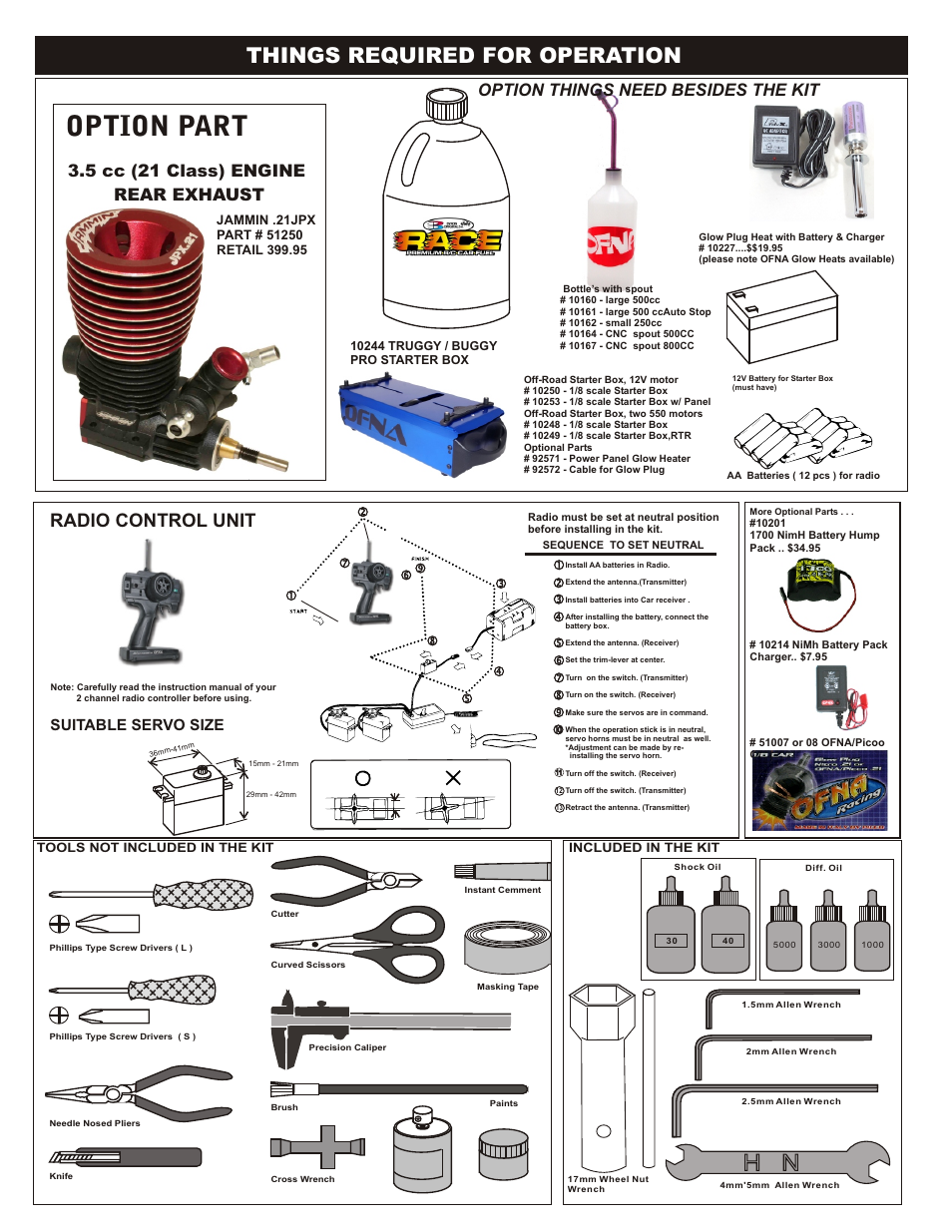 Option part, Things required for operation, Radio control unit | Option things need besides the kit, 5 cc (21 class) engine rear exhaust, Suitable servo size | OFNA Racing Jammin X2 Buggy User Manual | Page 6 / 38