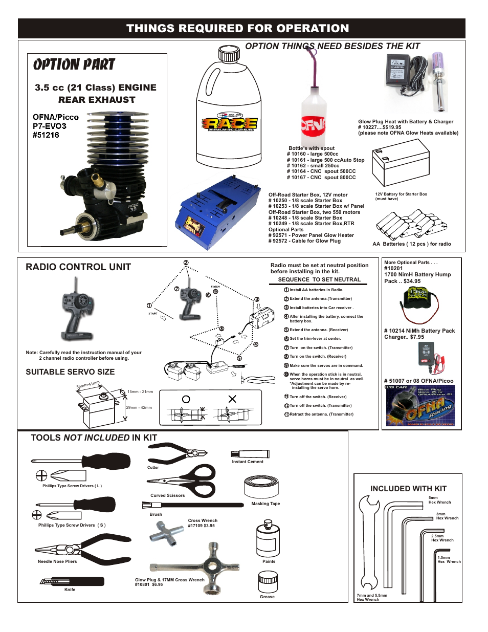 Option part, Things required for operation, Radio control unit | Option things need besides the kit, 5 cc (21 class) engine rear exhaust, Tools not included in kit, Suitable servo size, Included with kit | OFNA Racing Jammin X2 Truggy User Manual | Page 2 / 35