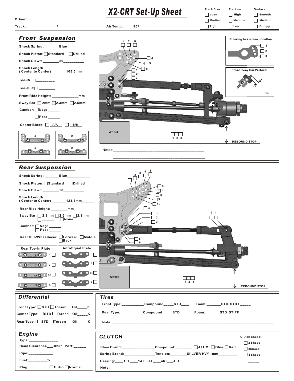 X2-crt set-up sheet, Front suspension rear suspension, Differential | Engine, Tires, Clutch | OFNA Racing Jammin X2 Truggy User Manual | Page 31 / 35