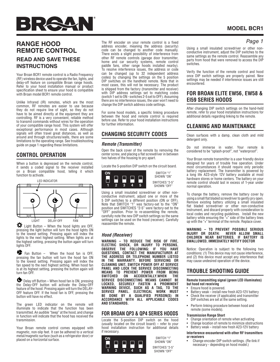 Broan BCR1 User Manual | 4 pages