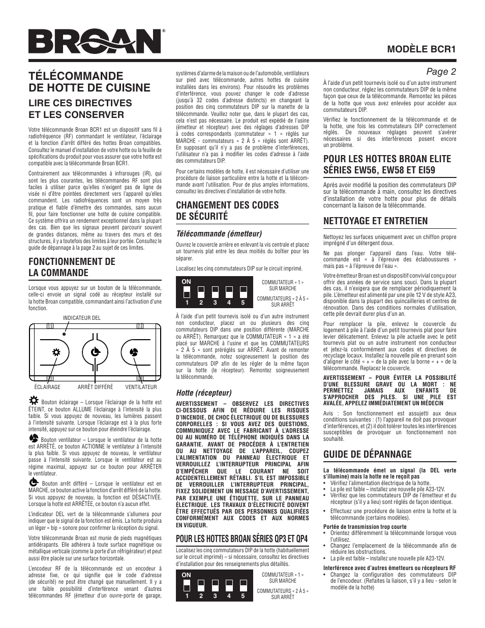 Télécommande de hotte de cuisine, Modèle bcr1 page 2, Lire ces directives et les conserver | Fonctionnement de la commande, Changement des codes de sécurité, Pour les hottes broan séries qp3 et qp4, Nettoyage et entretien, Guide de dépannage | Broan BCR1 User Manual | Page 2 / 4