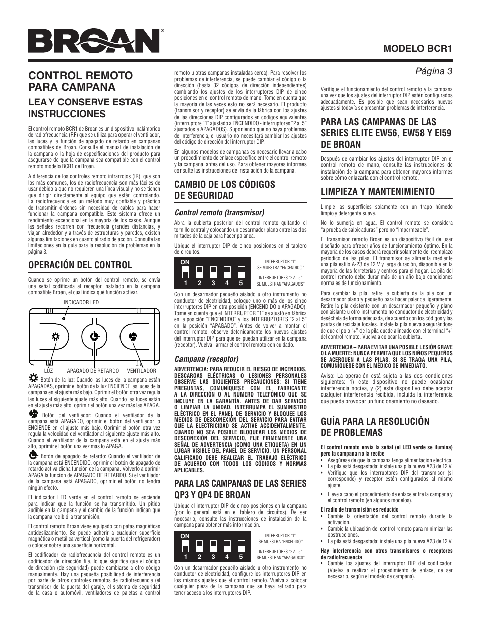 Control remoto para campana, Modelo bcr1 página 3, Lea y conserve estas instrucciones | Operación del control, Cambio de los códigos de seguridad, Para las campanas de las series qp3 y qp4 de broan, Limpieza y mantenimiento, Guía para la resolución de problemas | Broan BCR1 User Manual | Page 3 / 4