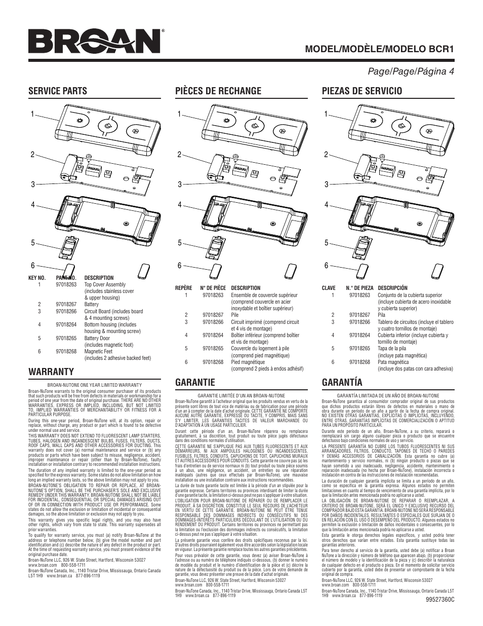 Warranty, Pièces de rechange, Garantie | Piezas de servicio, Garantía | Broan BCR1 User Manual | Page 4 / 4