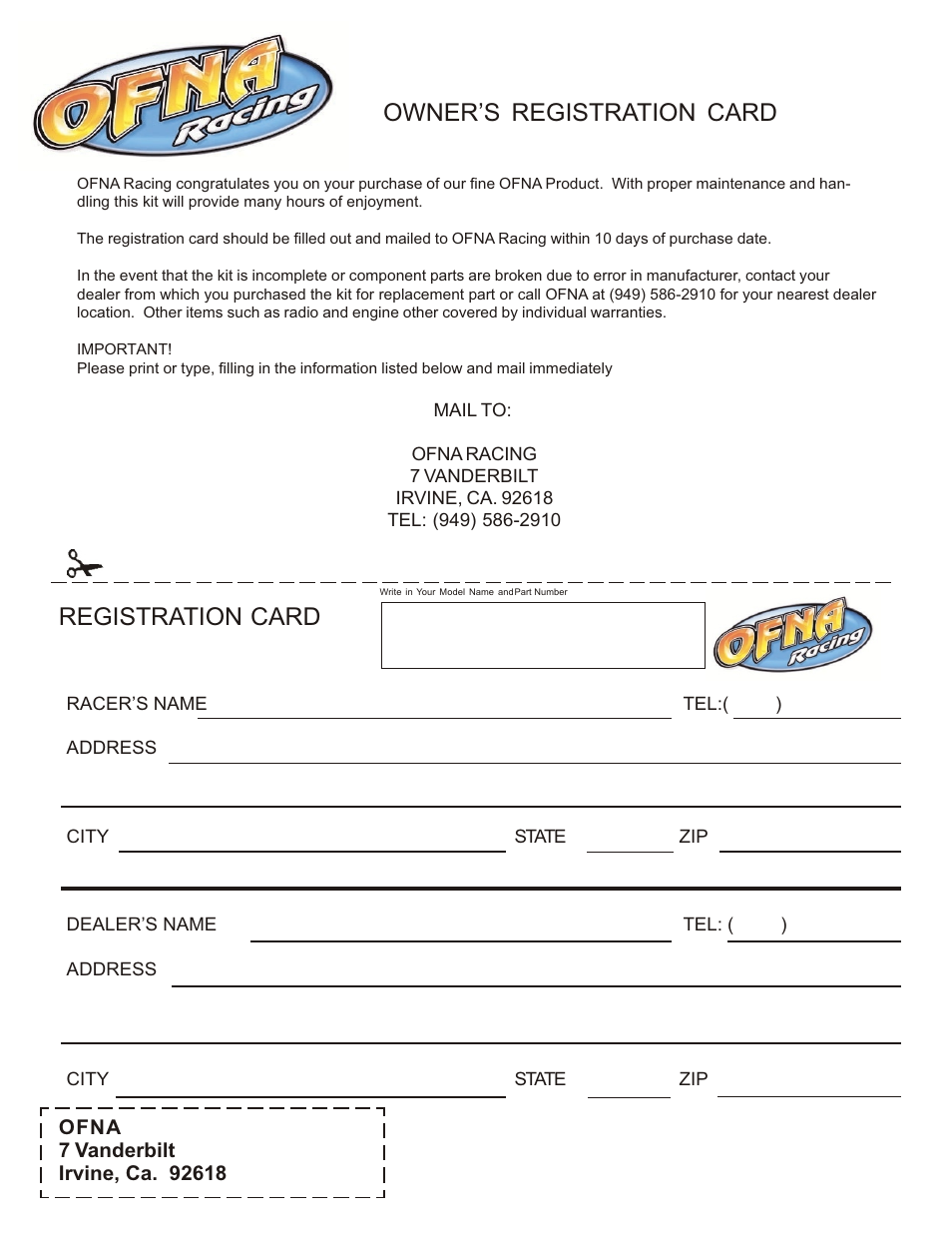 Owner’s registration card registration card | OFNA Racing JL10e User Manual | Page 19 / 19
