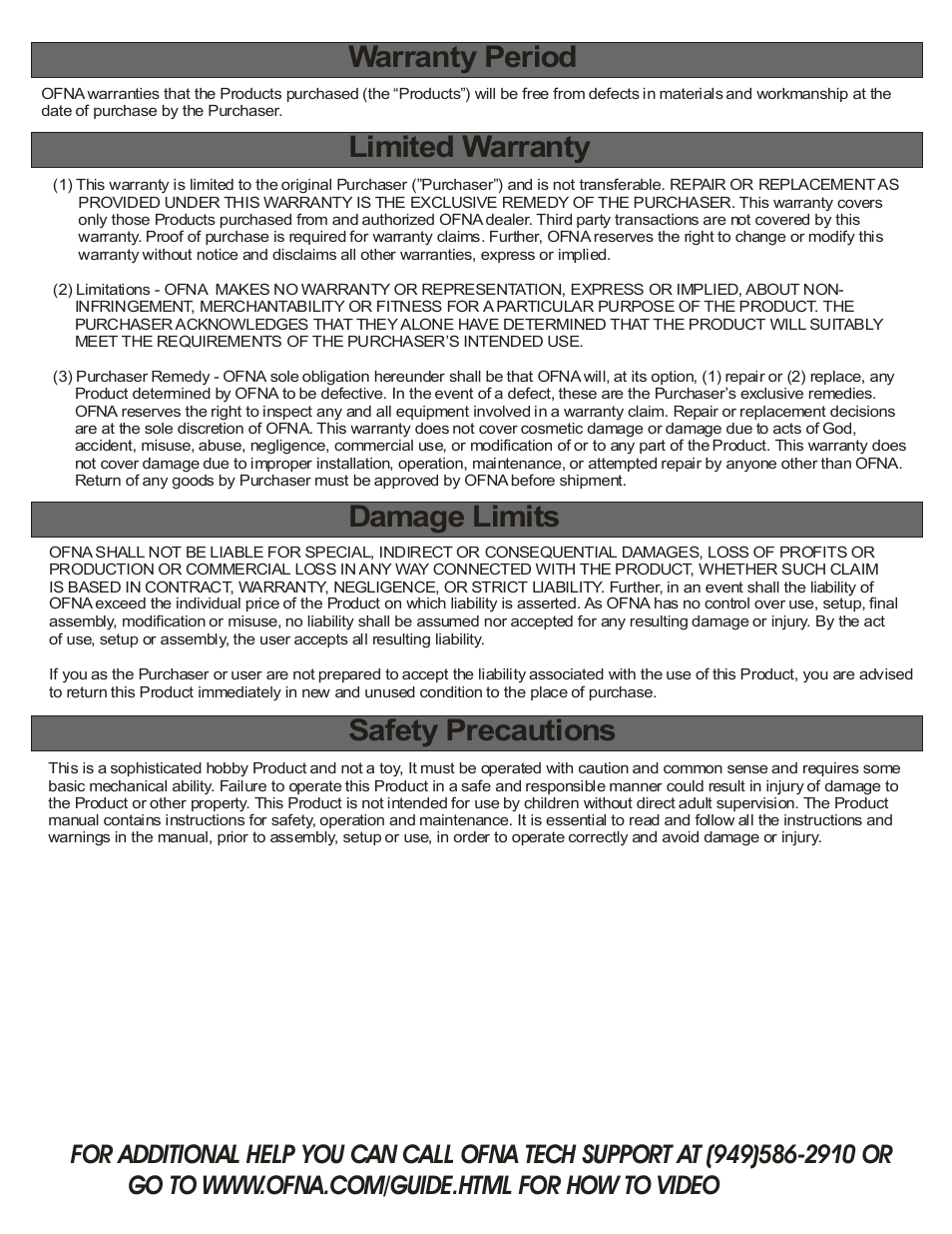 Warranty period, Limited warranty, Damage limits | Safety precautions | OFNA Racing JL12e User Manual | Page 5 / 31