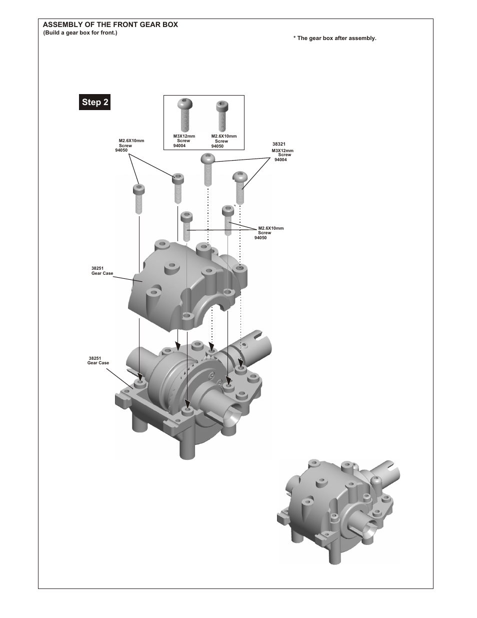 Step 2, Screw as shown, level with hole edge, Step 1 step 2 | Assembly of the front gear box | OFNA Racing LD3 Pro User Manual | Page 10 / 40