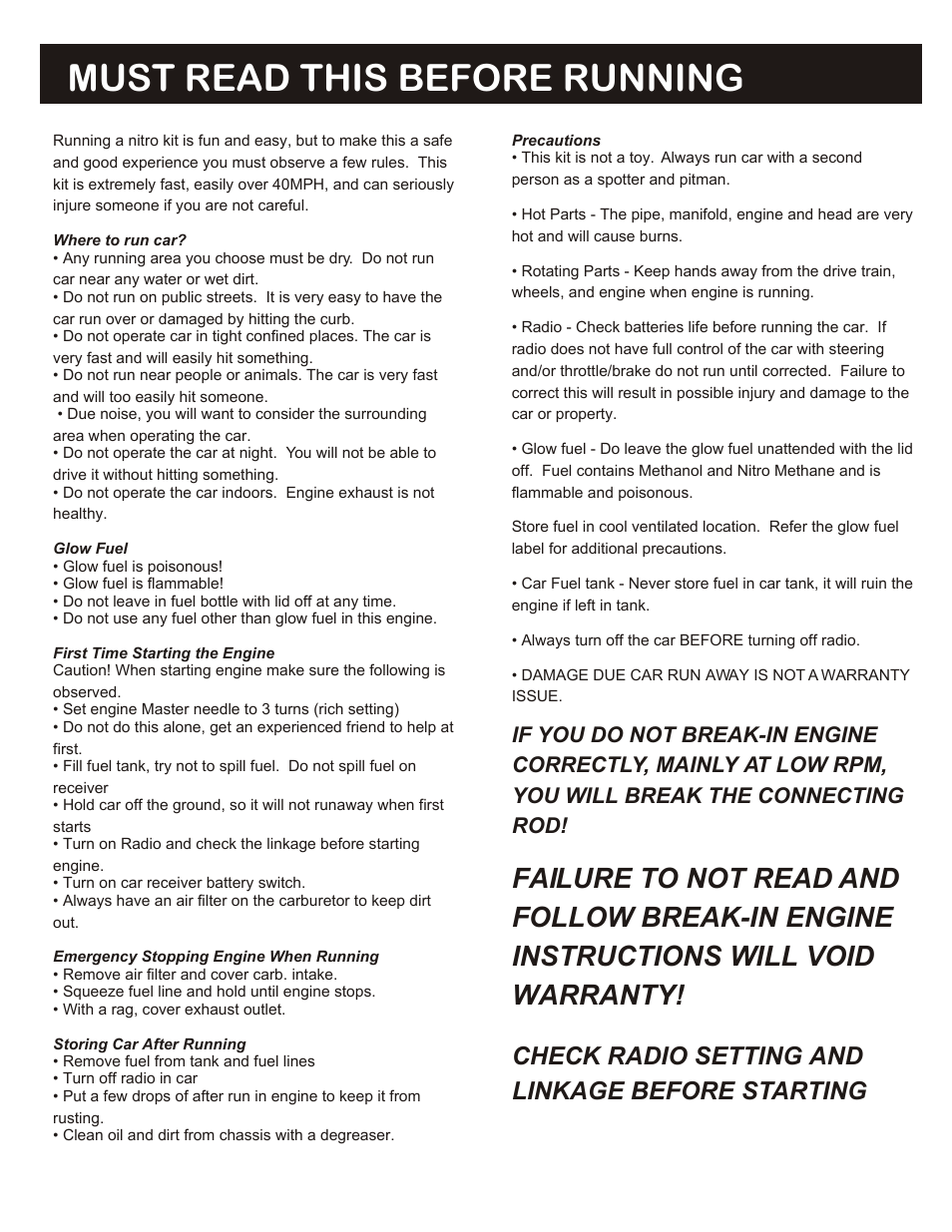 Must read this before running, Failure to not read and, Follow break-in engine | Instructions will void, Warranty, Check radio setting and, Linkage before starting, Required for operation, If you do not break-in engine, Correctly, mainly at low rpm | OFNA Racing LD3 Pro User Manual | Page 3 / 40
